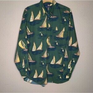 Nautica Green Sailboat/Novelty Print Long Sleeve Button Down Shirt Sz. Medium